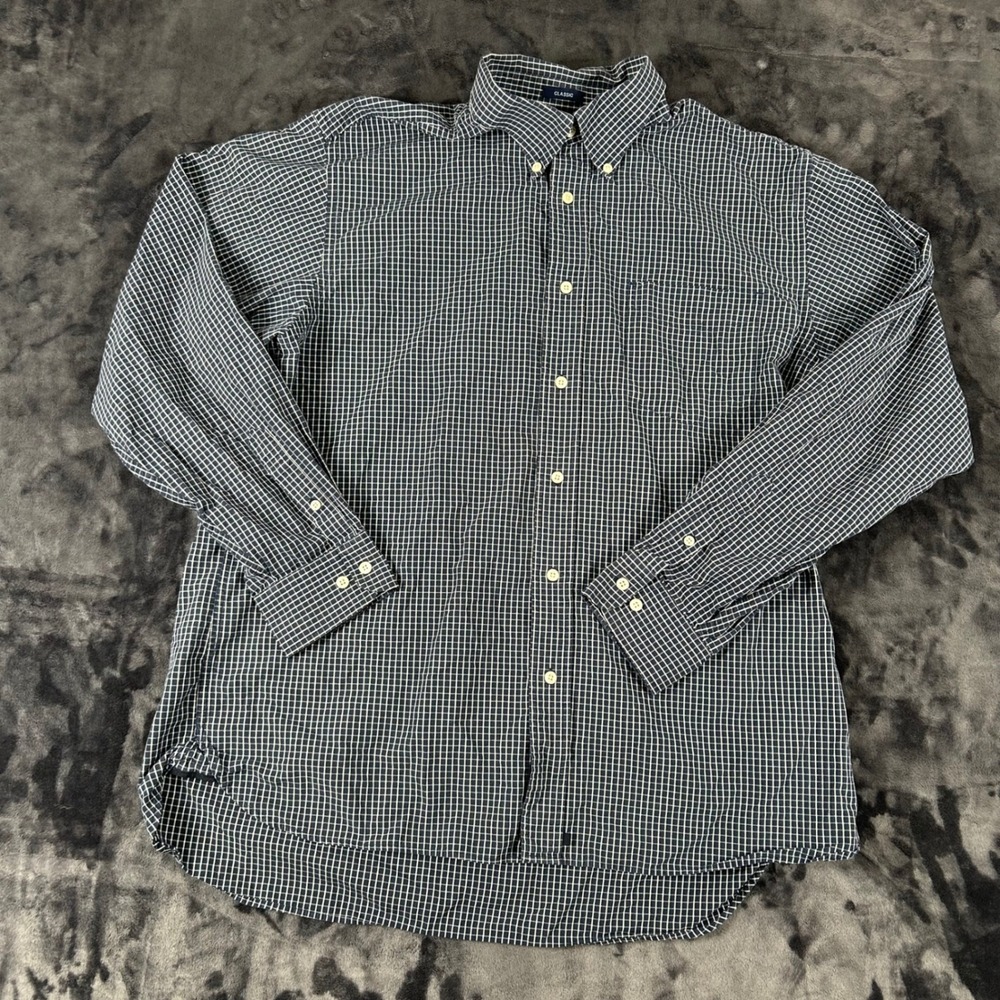 Gap Button Down Shirt Mens XL Navy Blue Grid Check Classic Fit Long Sleeve